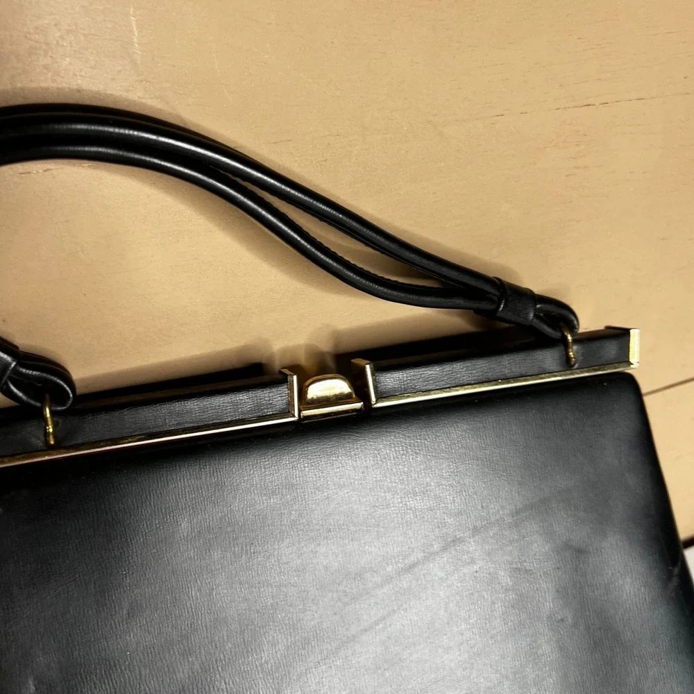 Vintage Dover Black Faux Leather Handbag Gold Tone Frame Kiss Lock Top Bag